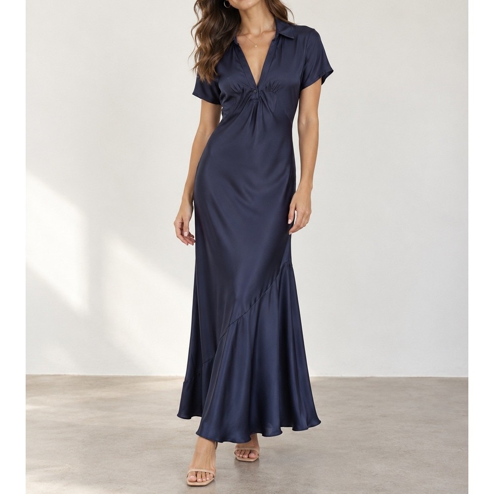 J.Crew Navy Blue Satin Short Sleeve Collared V-Neck Maxi Dress Size 12